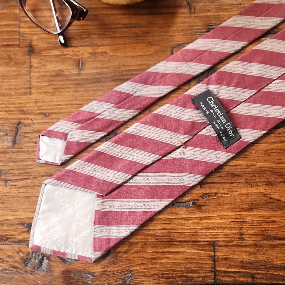 Christian Dior Burgundy and Beige With Navy Accents Striped Tie - Picture 3 of 4